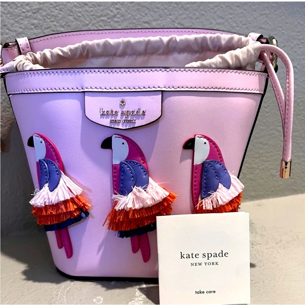 Kate Spade NWT Pippa flock party parrot embellished leather bucket Crossbody bag - Picture 9 of 13